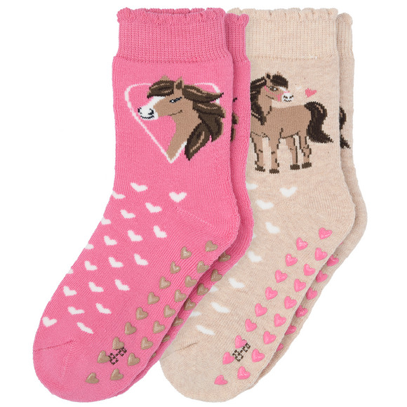 2 Paar Mädchen Stoppersocken mit Pferde-Motiv
