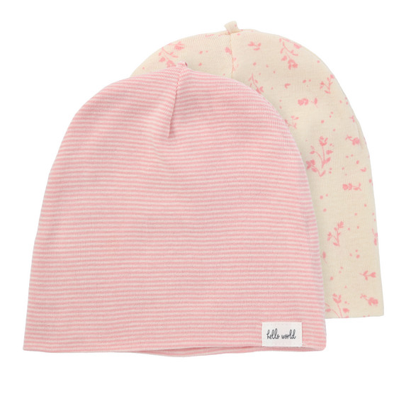 2 Newborn Mützen aus Bio-Baumwolle rosa / hellbeige