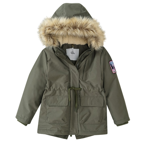 Meisjesparka met imitatiebont olijf