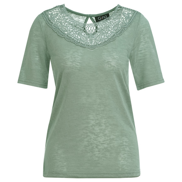 Damen T-Shirt mit Spitzenausschnitt oliv