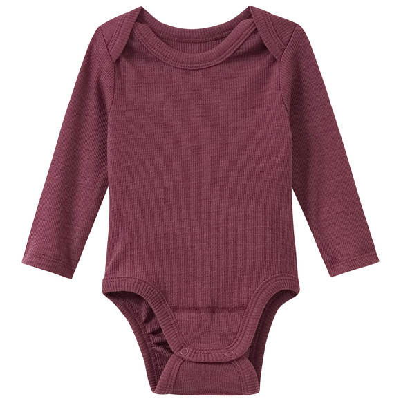 Babybody van wol en zijde met geribde textuur bes