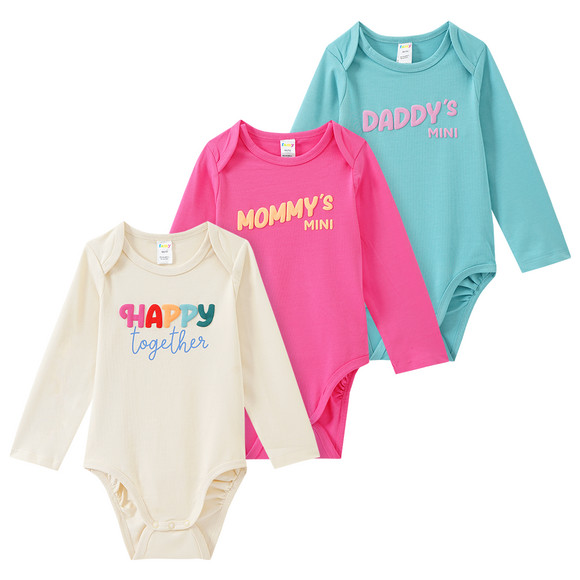 3 Baby Langarmbodys mit gummiertem Print beige / helltürkis / pink