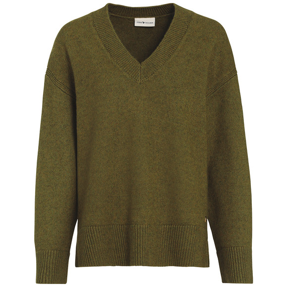 Dames gebreide trui met V-hals olijf