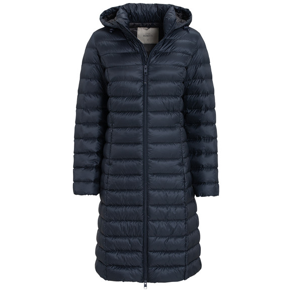 Dames zachte donsjas met capuchon donkerblauw