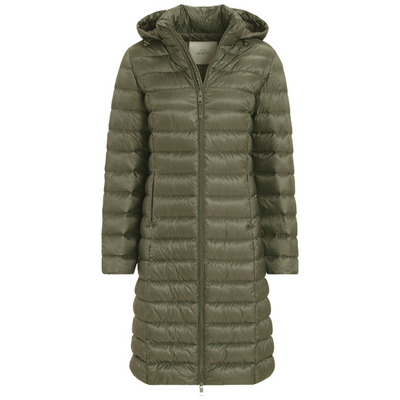 Dames zachte donsjas met capuchon olijf