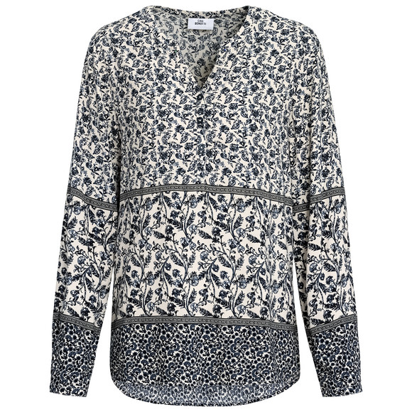 Damesblouse met omgeslagen mouwen blauw / lichtbeige