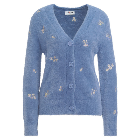 Gebreid vest voor dames met bloemenborduursel blauw