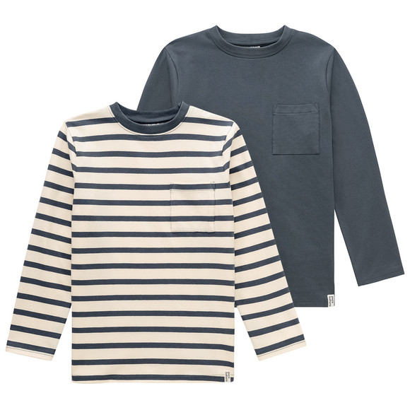 2 jongenshemden met lange mouwen en borstzak blauwgrijs / crèmewit