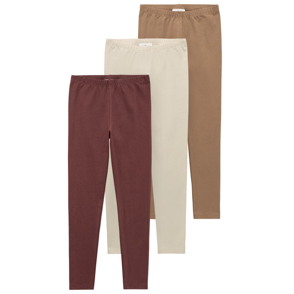 3 kinderleggings met biologisch katoen lichtbruin / donkerrood / crèmewit