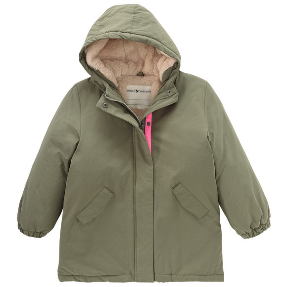 Meisjesparka gevoerd met teddypluche donkere olijf