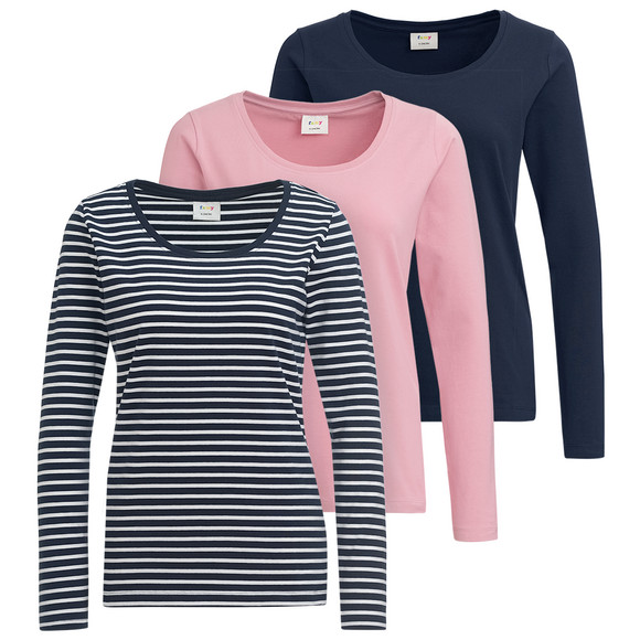 3 Damen Langarmshirts im Set dunkelblau / rosa