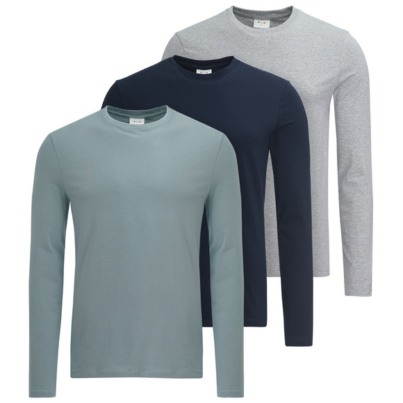 3 Herren Langarmshirts im Basic-Look dunkelblau / salbei / hellgrau
