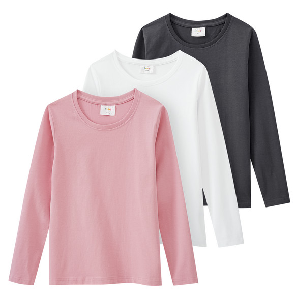 3 Mädchen Langarmshirts in Unifarben rosa / weiss / dunkelgrau
