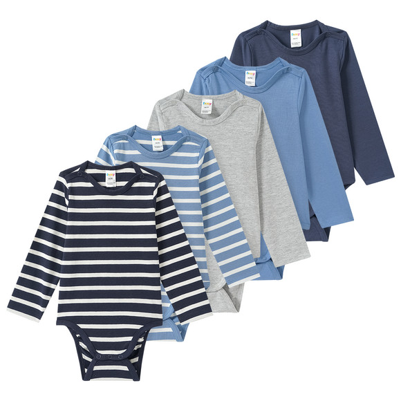 5 Baby Bodys in verschiedenen Dessins blau / dunkelblau / hellgrau
