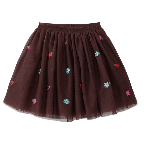 Meisjesrok van tule met bloemenborduursel donkerbruin