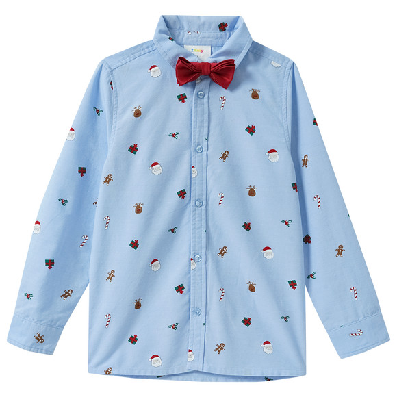 Jongens' kerstshirt met strikje lichtblauw