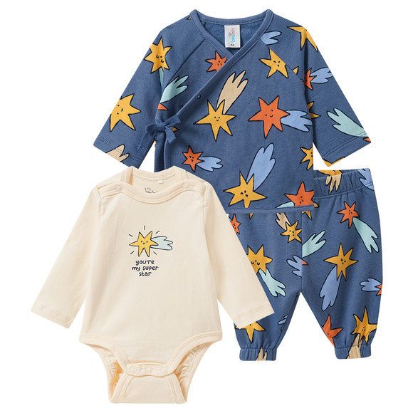 Newborn set met wikkeljasje, broeken, romper blauw / lichtgeel