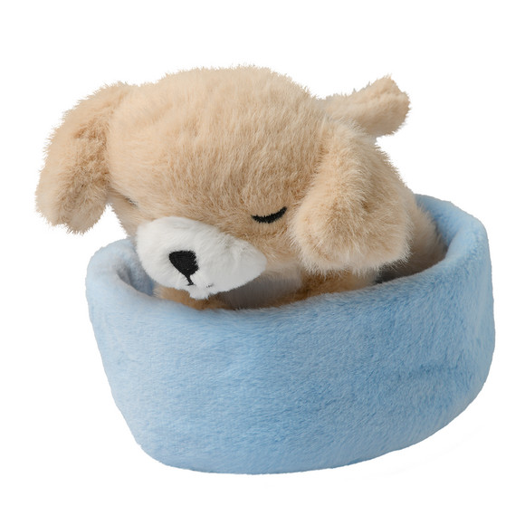 Pluche hond in mand beige / lichtblauw