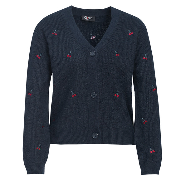 Damen Strickjacke mit Kirsch-Stickerei dunkelblau