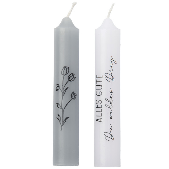 2 kleine Stabkerzen mit Spruch