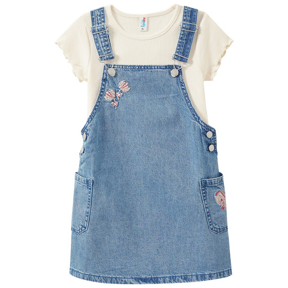 Mädchen Set aus Jeanslatzkleid und T-Shirt blau / creme