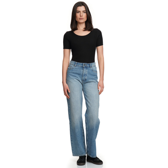 Damen Kurzarm-Strickpullover mit Rippstruktur