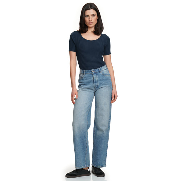 Damen Kurzarm-Strickpullover mit Rippstruktur