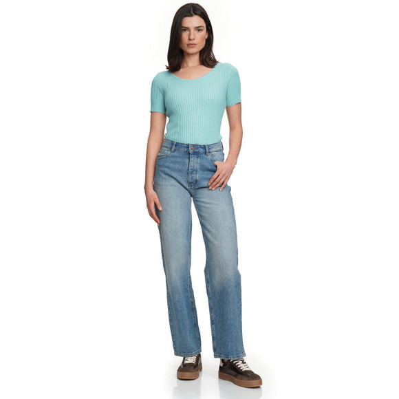 Damen Kurzarm-Strickpullover mit Rippstruktur