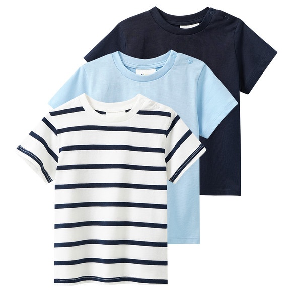 3 baby T-shirts in basic-look lichtblauw / donkerblauw / wit