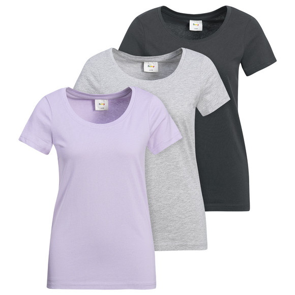 3 Damen T-Shirts im Basic-Look dunkelgrau / helllila / hellgrau