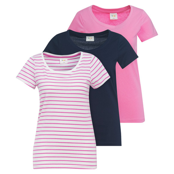 3 Damen T-Shirts im Basic-Look pink / dunkelblau / weiss