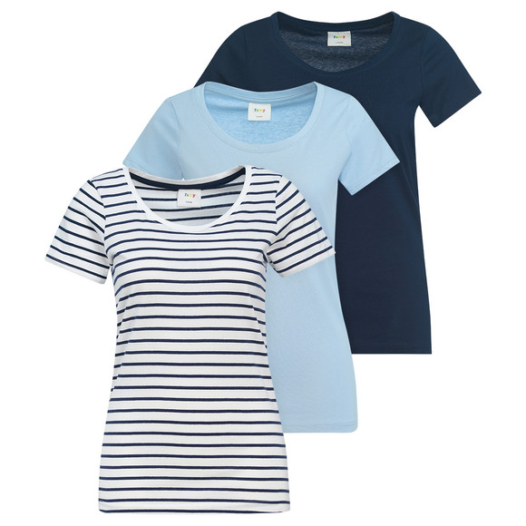 3 Damen T-Shirts im Basic-Look dunkelblau / hellblau / weiss