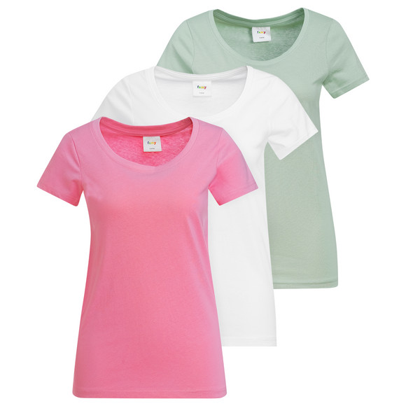 3 Damen T-Shirts im Basic-Look salbei / koralle / weiss
