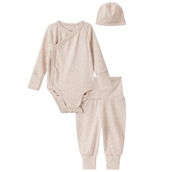 Newborn Set aus Wickelbody, Hose und Mütze beige