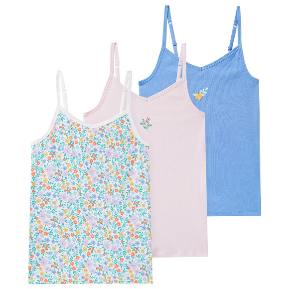3 Mädchen Unterhemden mit Rippstruktur weiss / blau / rosa