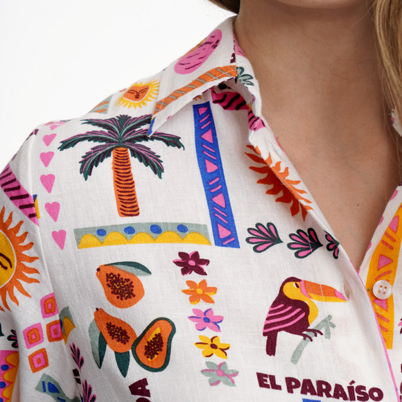 Damen Leinen-Kleid mit Allover-Print