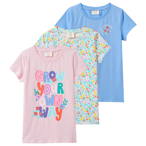 3 Mädchen T-Shirts mit bunten Motiven rosa / weiss / blau