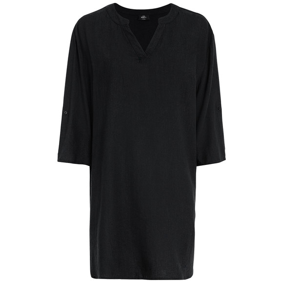 Damen Leinen-Longbluse mit V-Ausschnitt schwarz