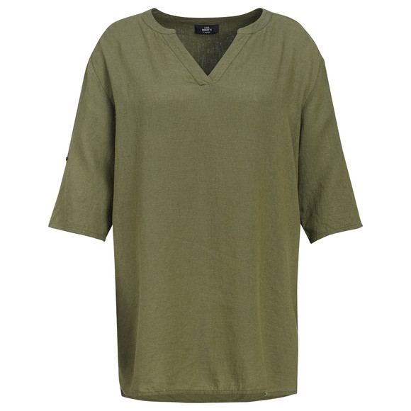 Damen Leinen-Longbluse mit V-Ausschnitt dunkelgrün