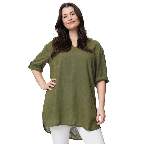 Damen Leinen-Longbluse mit V-Ausschnitt