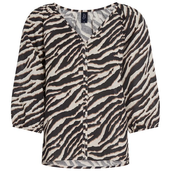 Damen Leinen-Bluse mit Knopfleiste schwarz / beige