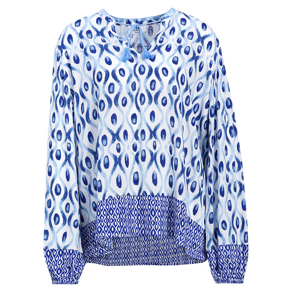 Damen Bluse in gekreppter Optik weiss / blau