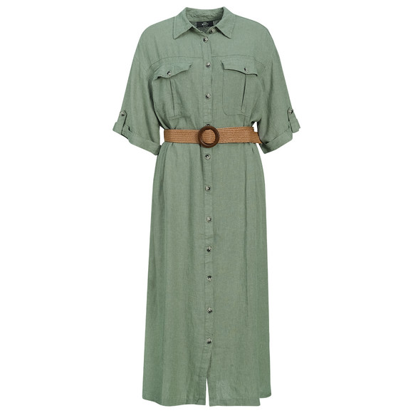 Damen Leinen-Kleid mit Gürtel dunkelgrün