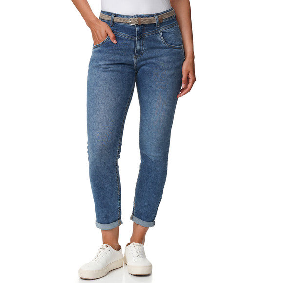 Dames slim fit-jeans met gevlochten riem