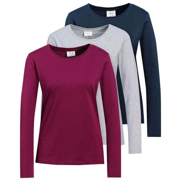 3 Damen Langarmshirts in Unifarben