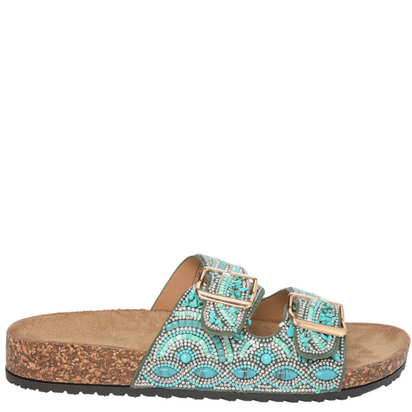 Damen Sandalen mit Zierperlen dunkeltürkis