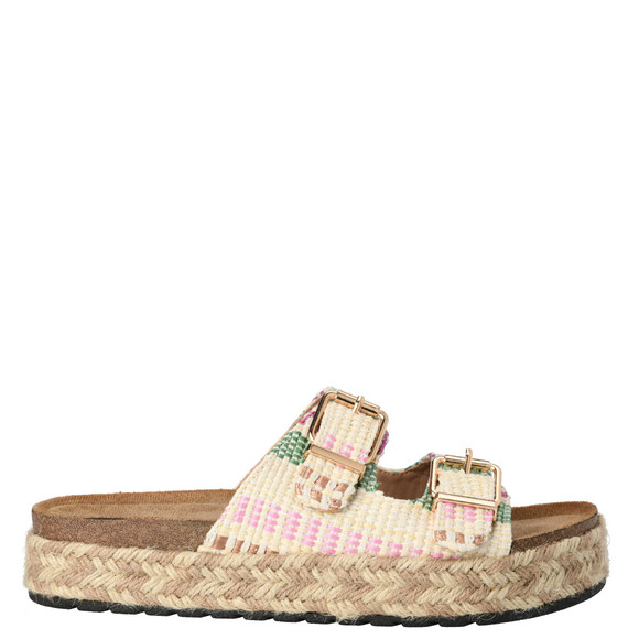 Damen Sandalen mit zwei Riemen creme / grün / pink