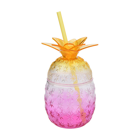 Trinkbecher Ananas mit Strohhalm pink / orange