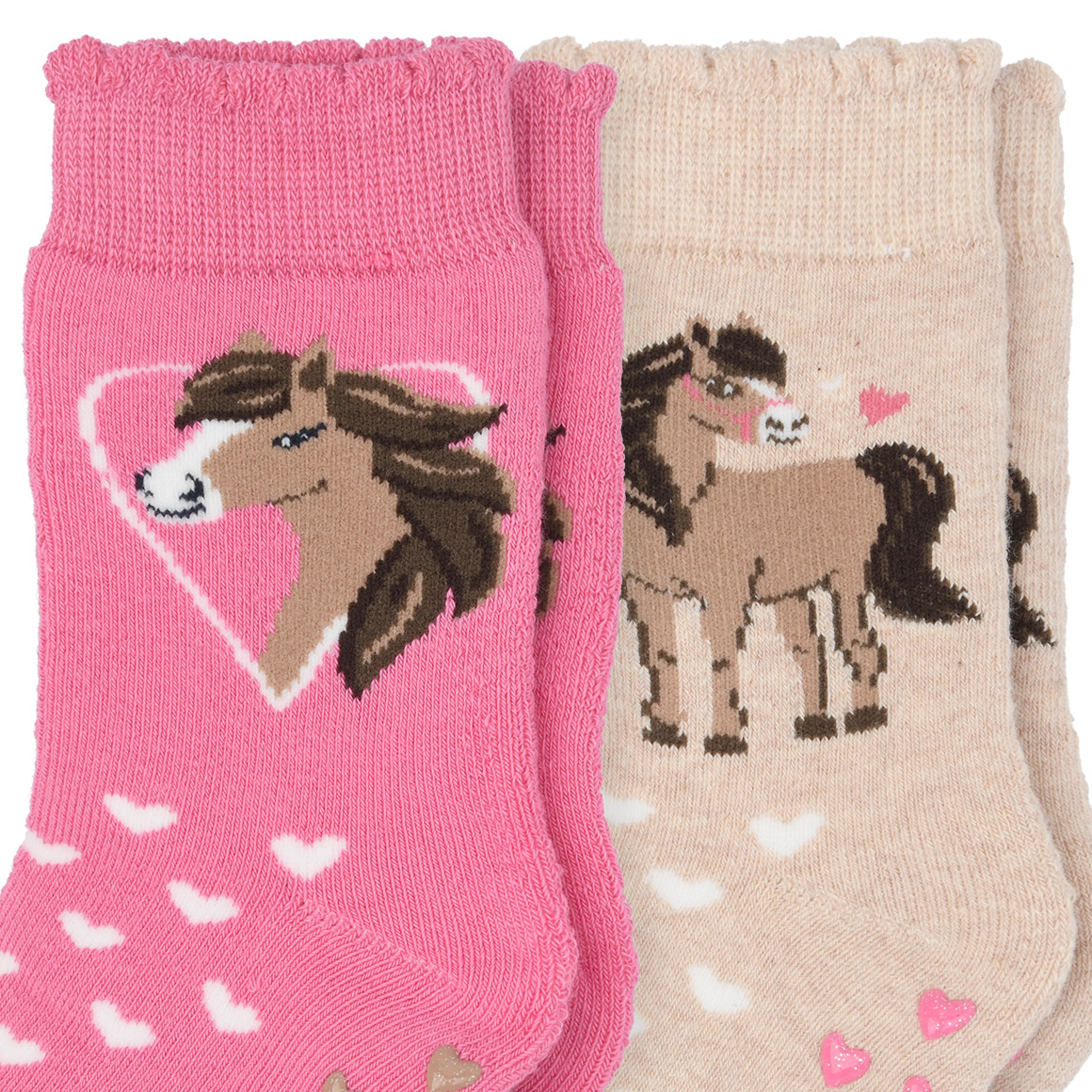 2 Paar Mädchen Stoppersocken mit Pferde-Motiv