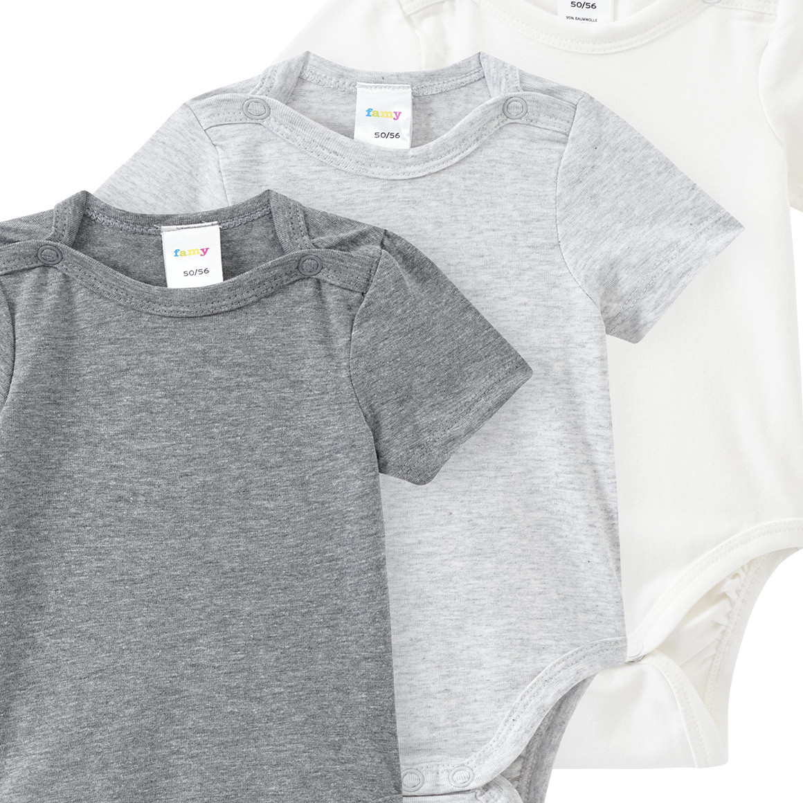 3 baby rompers in verschillende kleuren